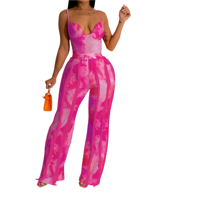 Tie Dye Printing Two Piece Set for Women Pant Sets Birthday Outfits Clubwear Bodysuit Top and Fringe Tassel Pants Matching Sets