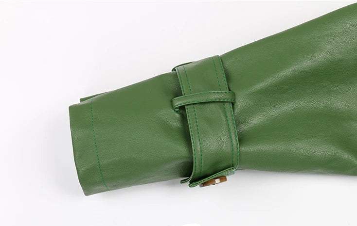 Long Green Pu Leather Trench Coat for Women with Back Slit Sashes Single Breasted