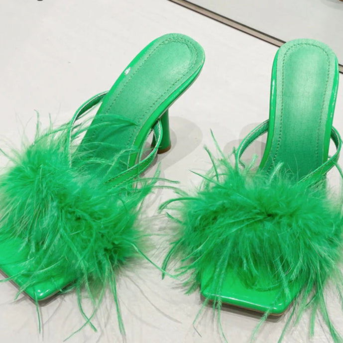 Fur Feather High Heels Slippers Sandals Women Summer Mules Ladies Shoes