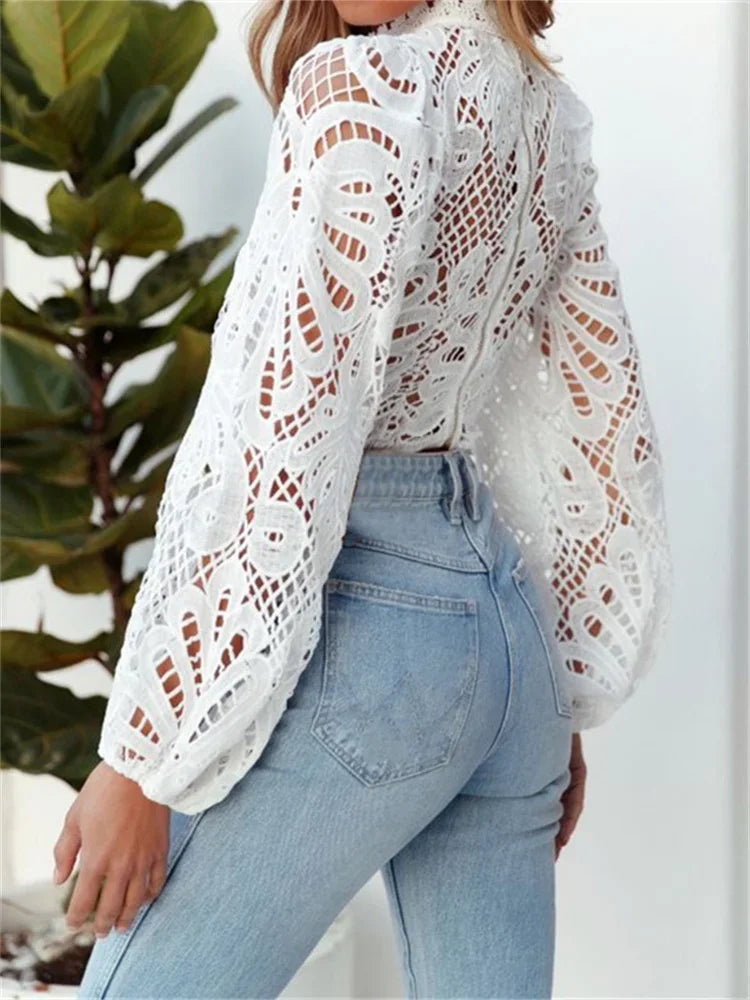 Women Elegant Lace Blouse Shirts Summer Puff Long Sleeve Top Blouse for Female