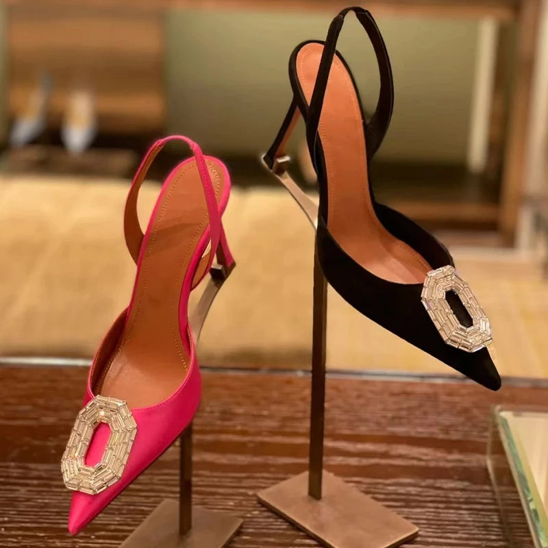 Oval Rhinestone Buckle Toe Sandals Pointed Thin Heel Hollow Banquet High Heels