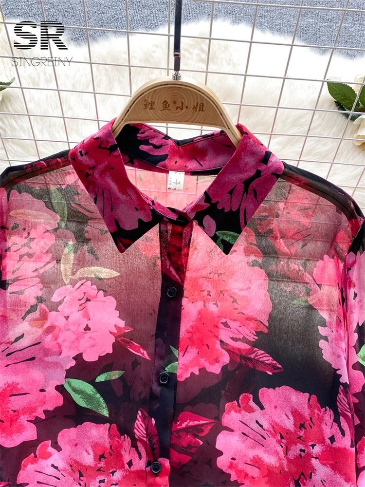 Floral Print Women Shirt Summer Lantern Sleeve Retro French Loose Blouse
