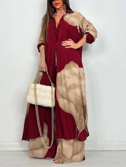 Elegant Lady Two Piece Set Printed Long Shirt Top + Wide Leg Pants 2-piece Outfit Oversized Sets