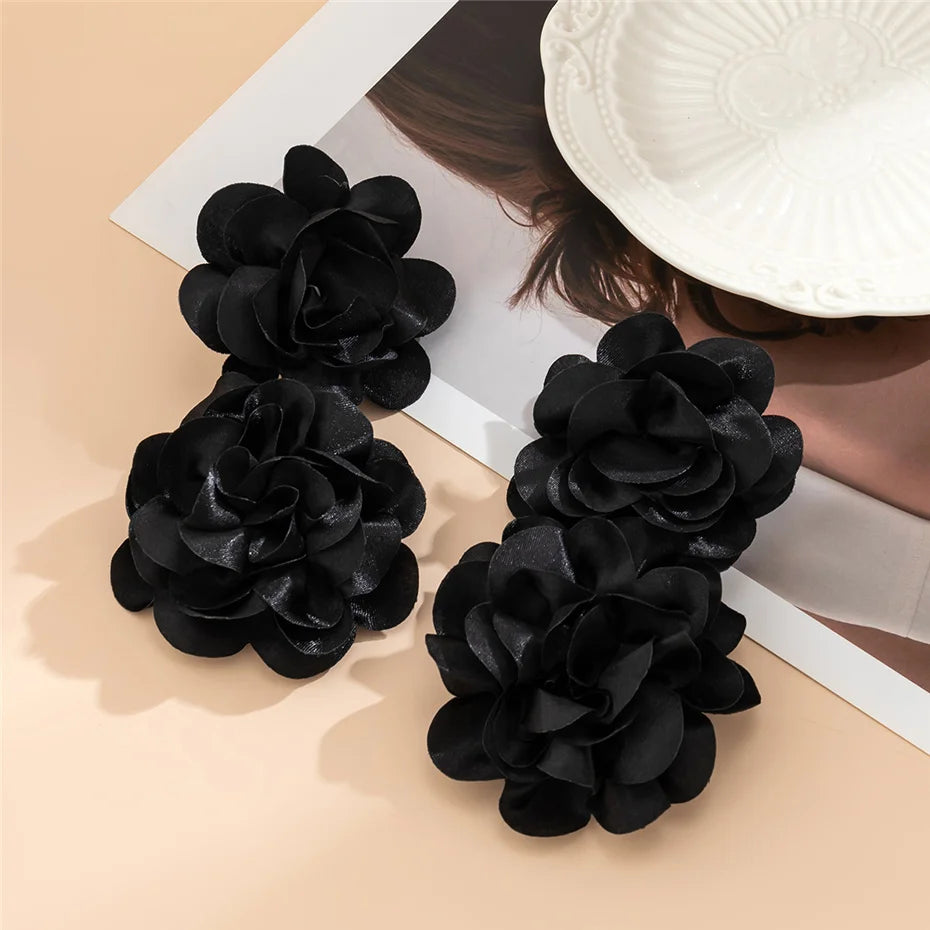 4 Colors Exaggerated Big Fluffy Fabric Flower Petal Drop Earrings for Women