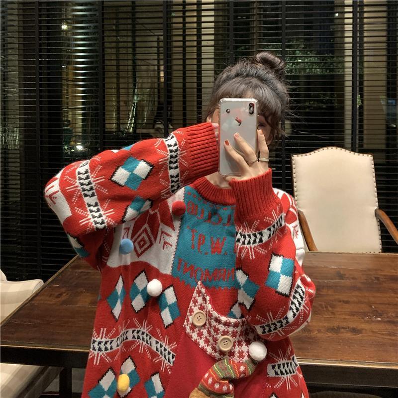 Knitted Pullover Loose Lazy Contrasting Colors Winter Sweater Christmas Sweater