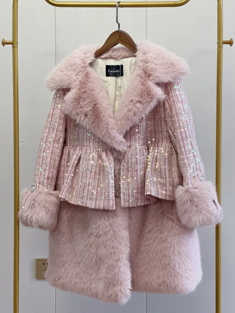 Winter Fur Coat Women Luxury Sequined Wool Faux Fur Long Jacket Fluffy Overcoat