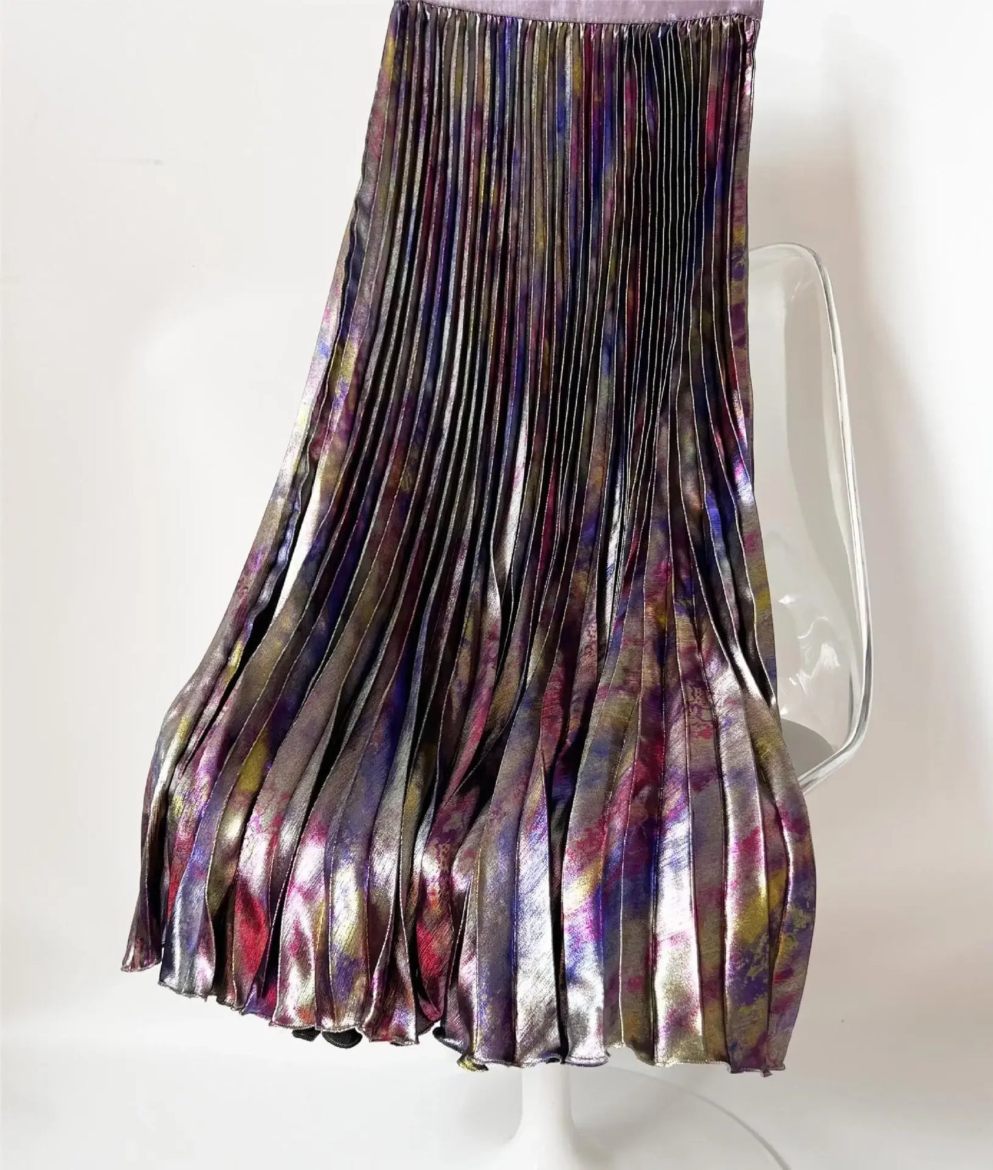 Shiny Colorful Luxury High Waist Midi Skirt Elastic Waistband Pleated Skirt