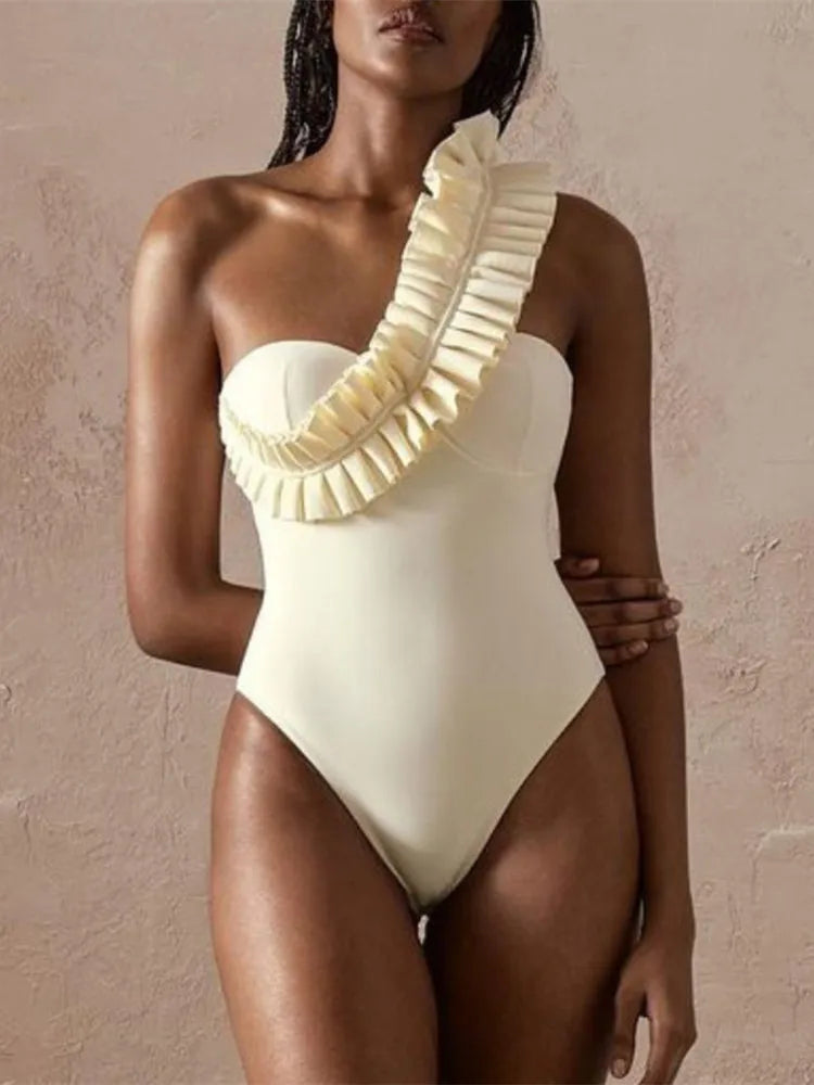 One-Piece Swimsuit Solid Bathing Suit Vacation Beachwear Ruffle Swimming Suit