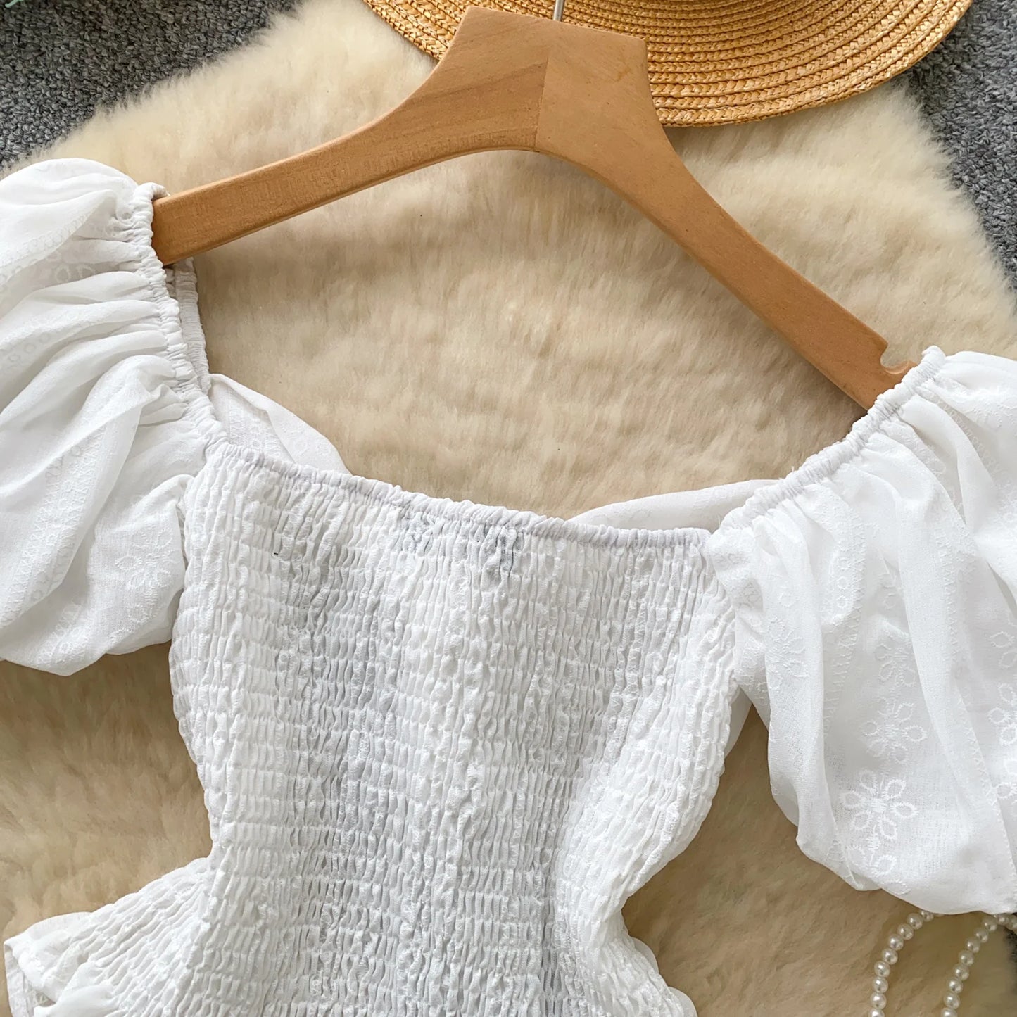 Jacquard Blouse Square Collar Puff Sleeves Elastic Slim Crop