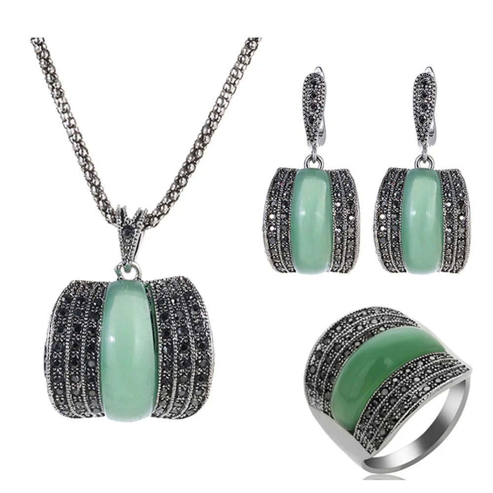 Antique Geometric Green Stone Ring Necklace And Earrings Sets for Women