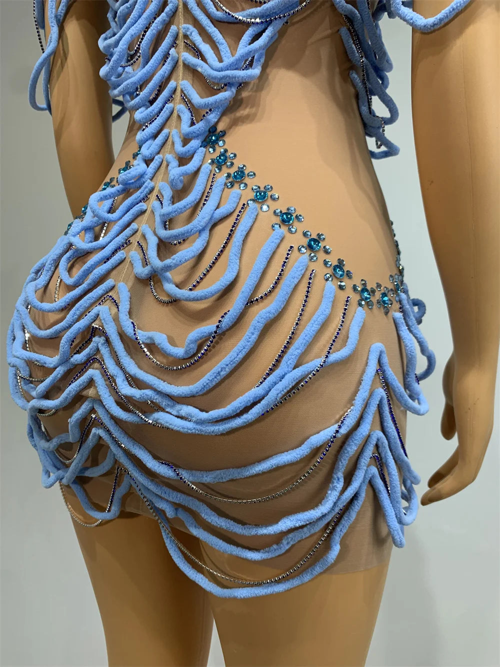 Mesh Rhinestones Chain Mini Dress Nightclub Party Performance Outfit