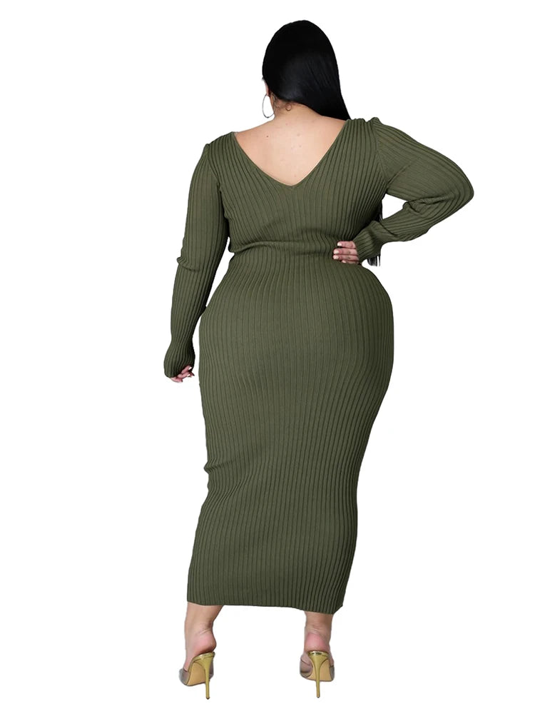 Ladies Knitted Sweater Dress Midi Dress Long Sleeves Chic and Elegant Plus Size Dresses