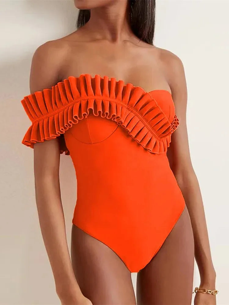 One-Piece Swimsuit Solid Bathing Suit Vacation Beachwear Ruffle Swimming Suit
