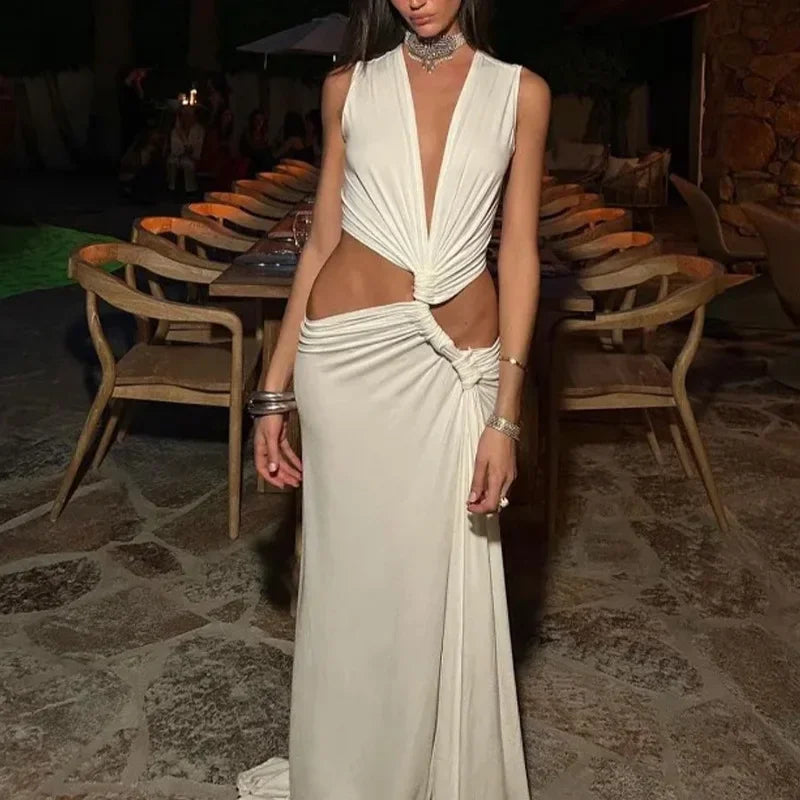 Party Maxi Dress Hollow Out Sexy Slit Evening Dresses for Woman V-neck Off-the-shoulder Sleeveless Formal Prom Gown