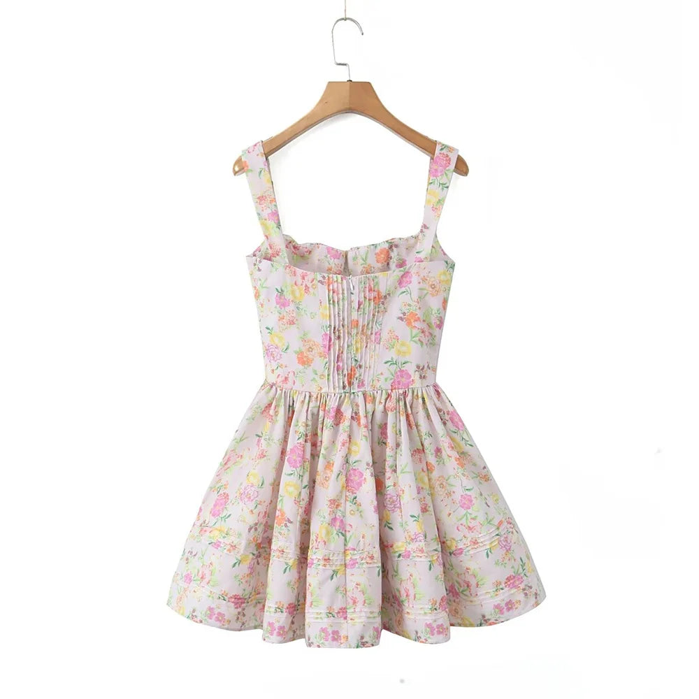 Women's Fashionable Floral Print Pleated Patchwork Slim Fitting Suspender Dress