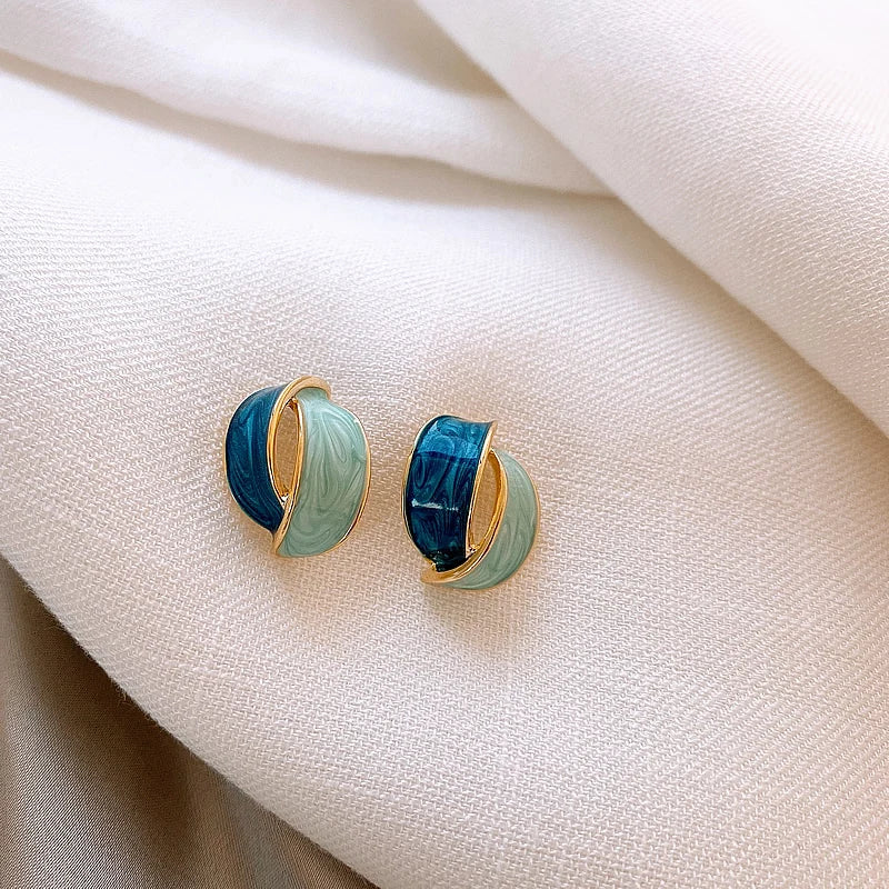 Double Arc Cross Enamel Stud Earring for Women Contrast Color Blue Geometric Earring