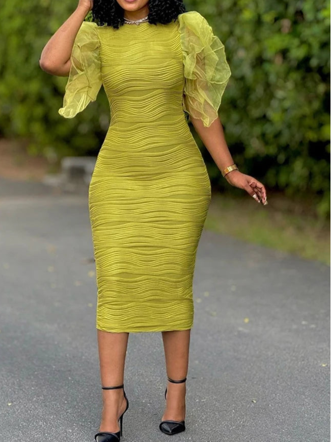 Women O Neck Ruffle Sleeves Package Hips Bodycon Dress Pencil Evening Birthday Dress