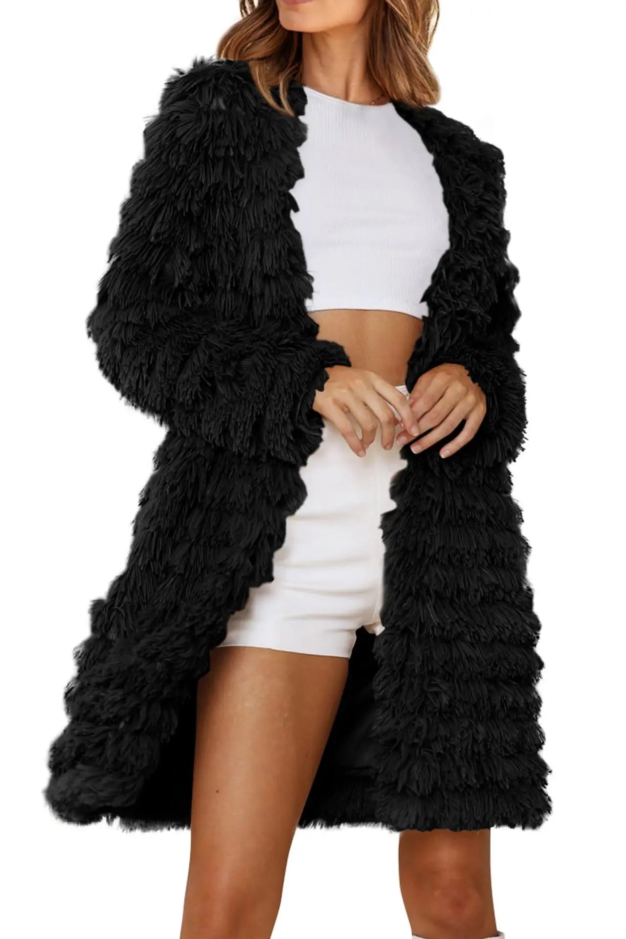 Long Sleeve Faux Fur Jackets Open Front Long Cardigan Coat Outerwear