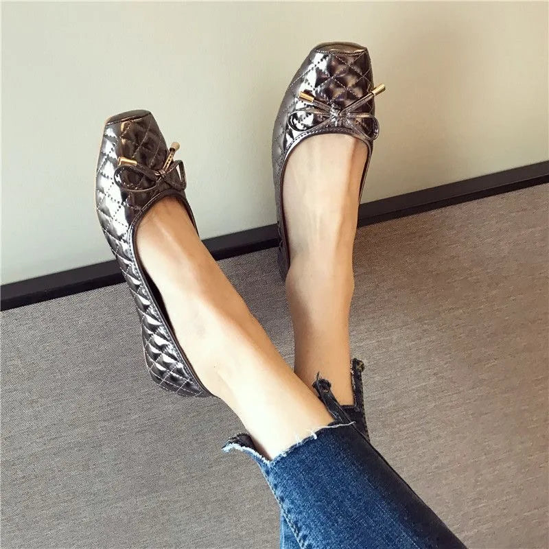 Women Flats Square toe Soft Ladies Shoes Ballet Flats Black Gold Color
