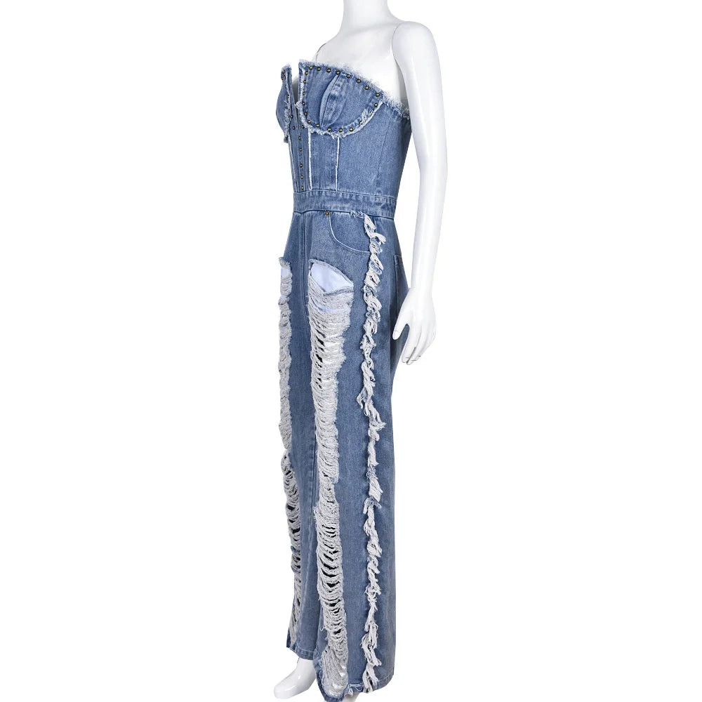 Slim Fit Denim V-neck Backless Tassel Trendy Jumpsuit Women's Strapless High Waist Ripped Pocket Sexy Street Rompers