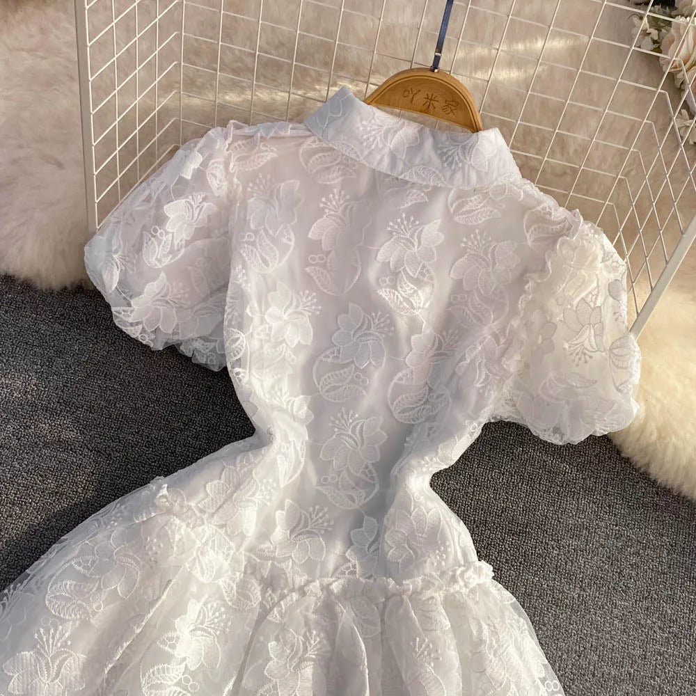 Women Vintage Lace White Dress Turn Down Collar Puff Sleeve Mini Dress