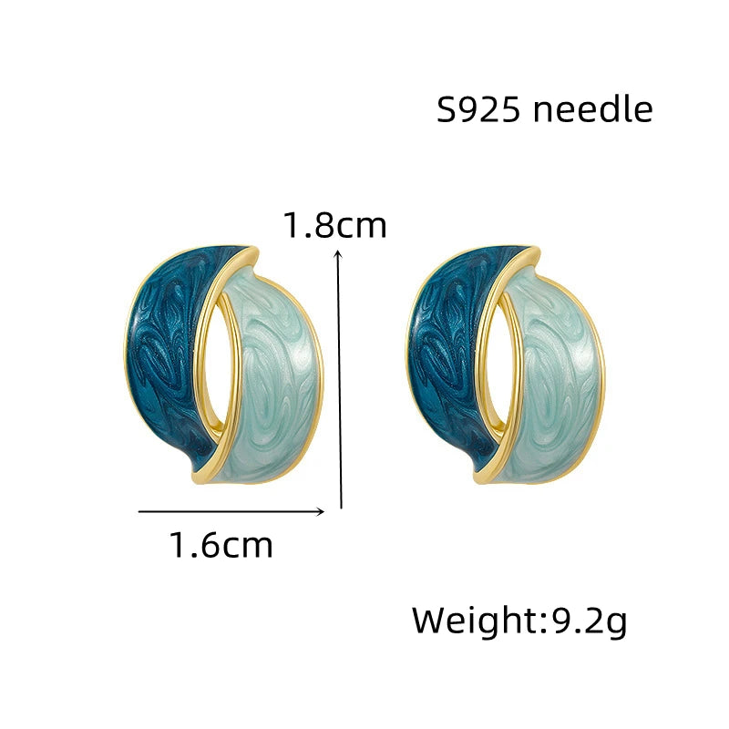 Double Arc Cross Enamel Stud Earring for Women Contrast Color Blue Geometric Earring