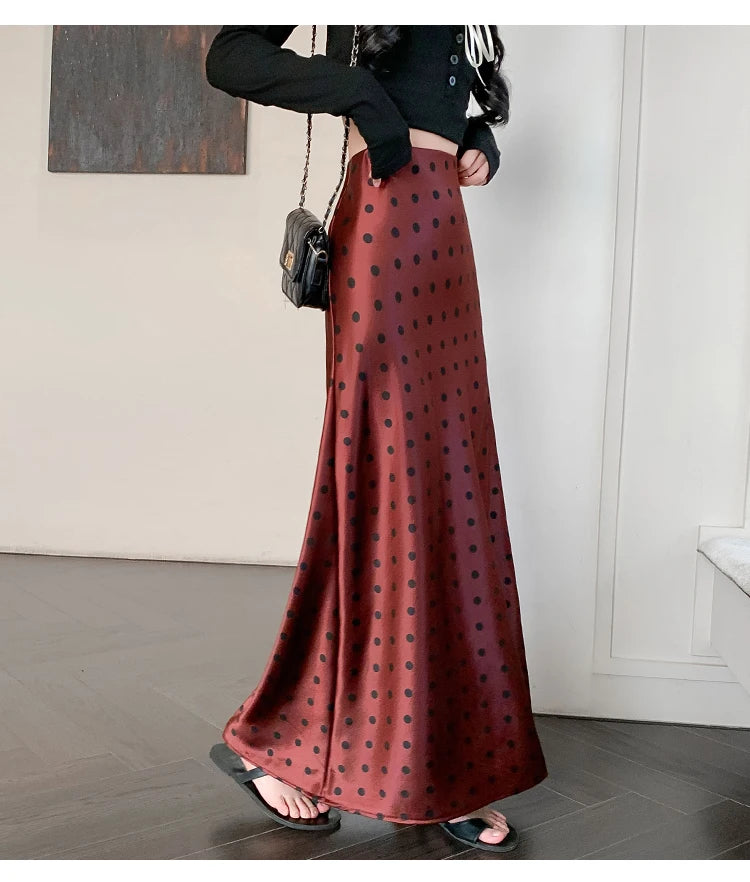Polka Dot Satin Skirt Women's High Waist Versatile Elegant Dot Long Skirt