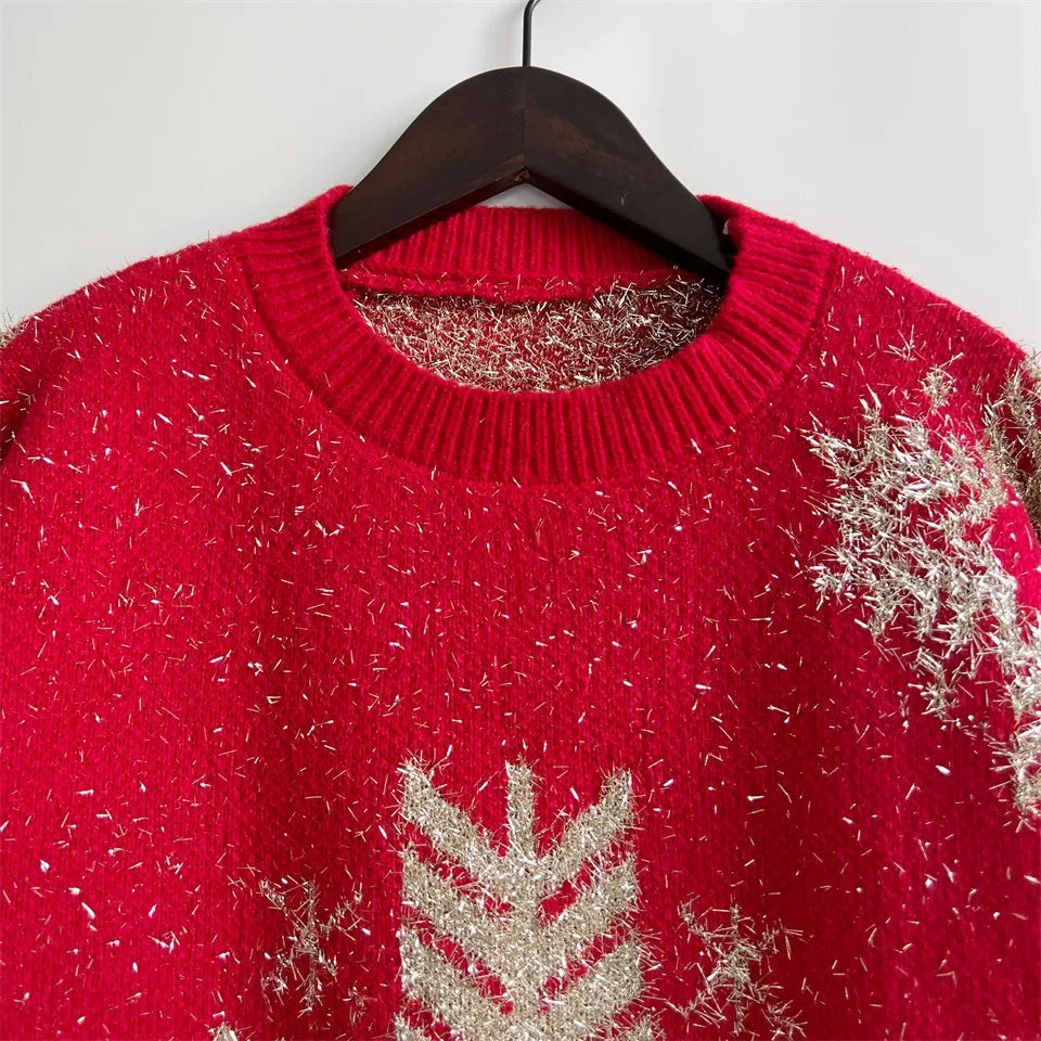 Loose-fit Line Big Snowflake Christmas Sweater Women's Pullover Thickened Crew Neck Sweater