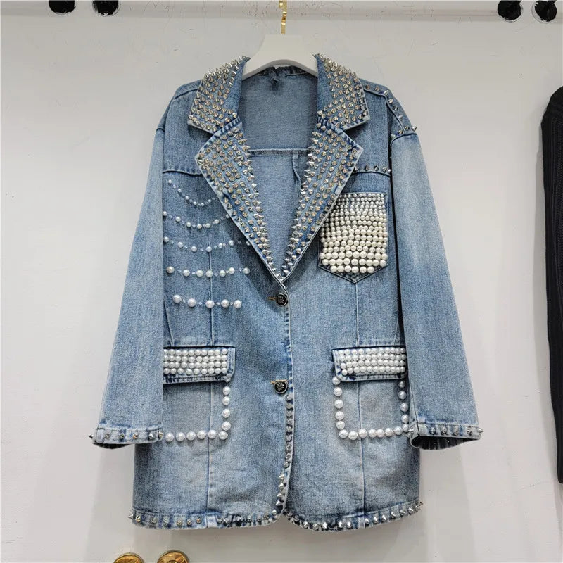 Women Pearls Beaded Denim Jacket Turn Down Collar Jeans Blazers