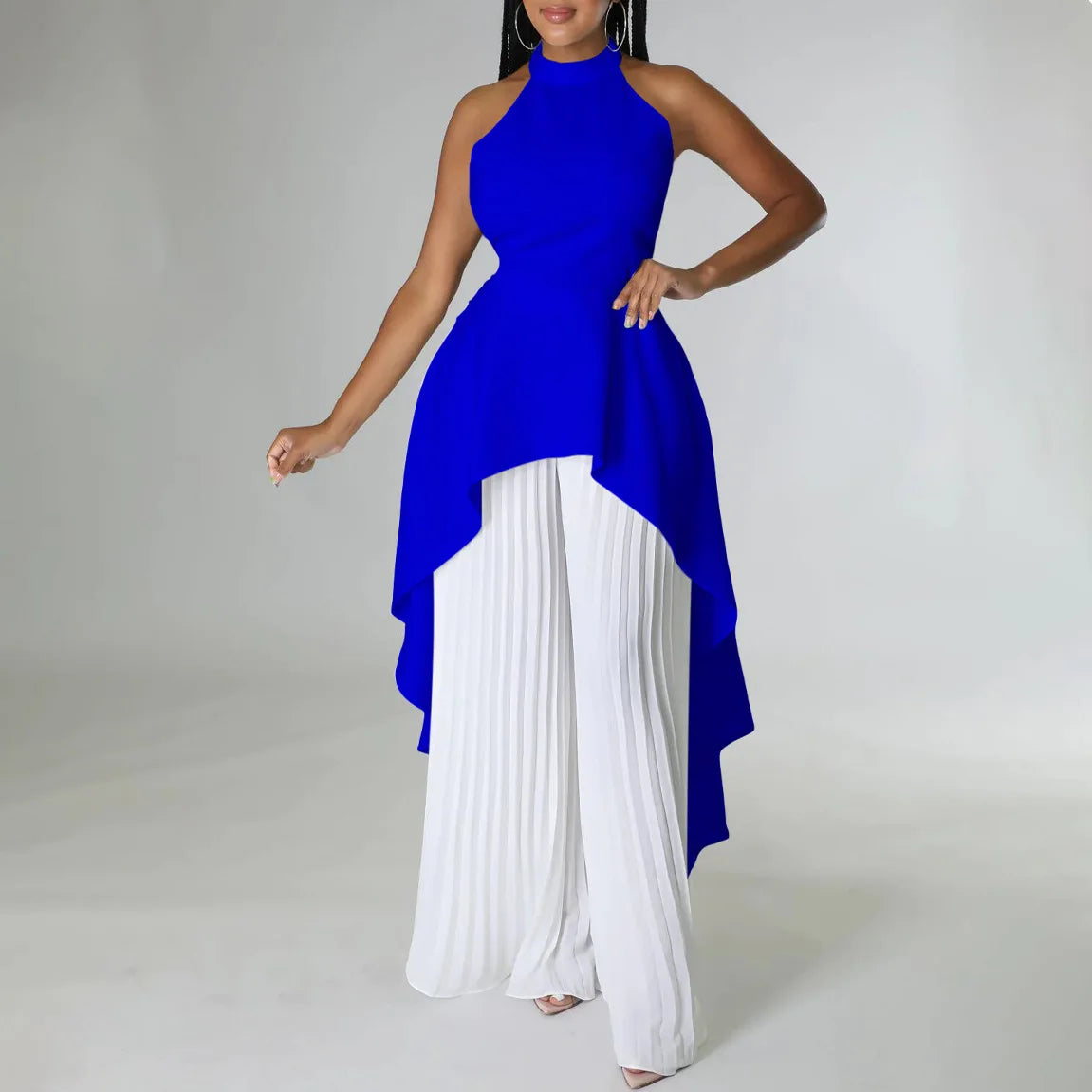 Elegant Two Piece Set Women Outfit Backless Top Hundred Pleated Wide Leg Pants Trousers Suit Summer Office Lady Suit