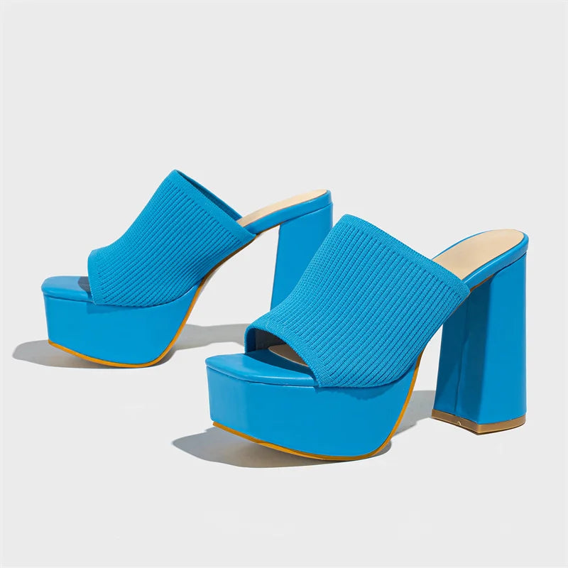 Knitted Platform Slippers Chunky High Heels Women Peep Toe High Heel Slippers