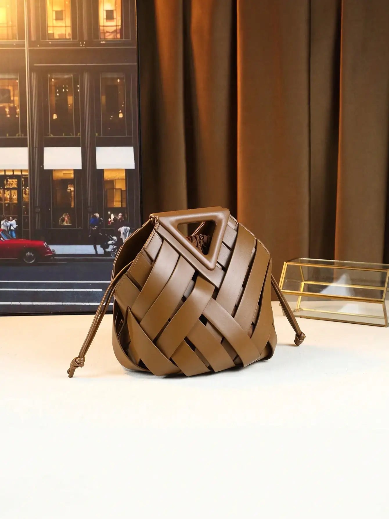 Woven Design Women Handbag, Tote Basket Bag, High-End Inverted Triangle Shaped Handbag