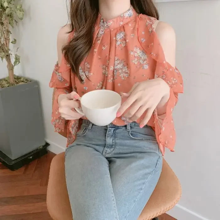 Floral Chiffon Shirts & Blouses For Women Off Shoulder Woman Top