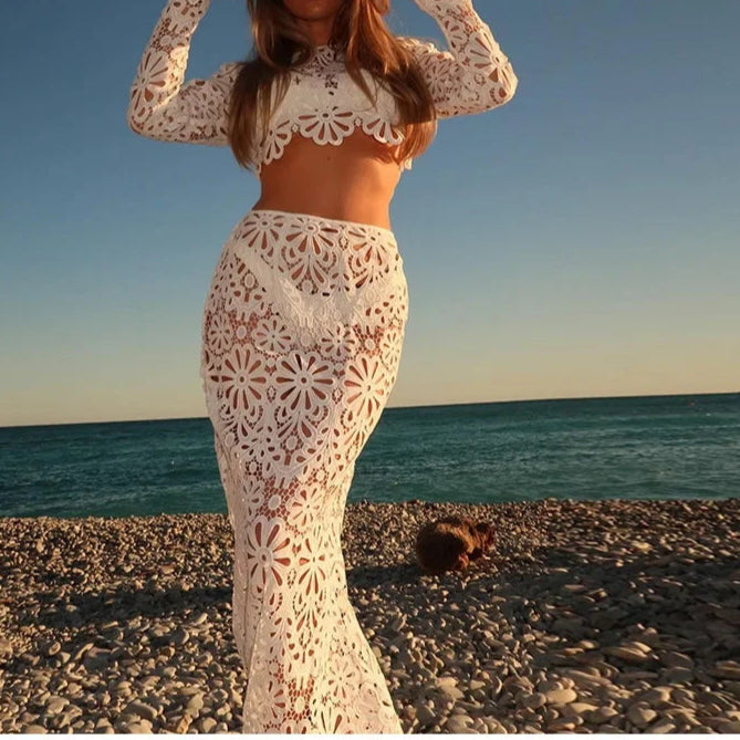 Summer Vacation See Through Crochet Top Women Set Hallow Out Flare Long Sleeve Skirts Set