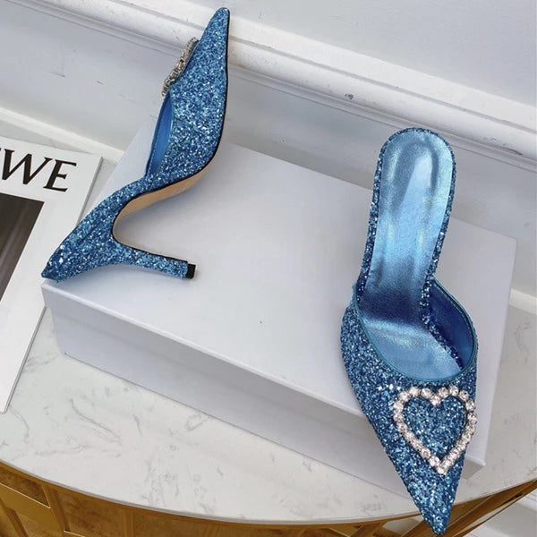 Shallow Mouth High-heeled Women's Shoes Love Rhinestone Shining Thin Heel Pump Slippers