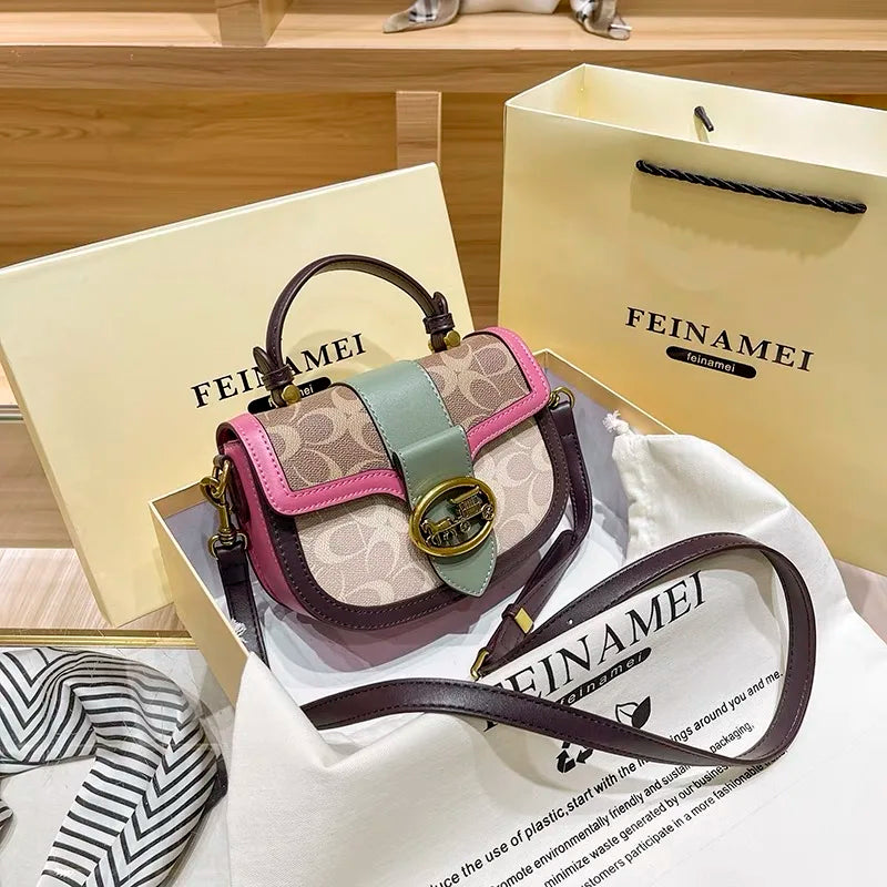 contrasting color women's bag, high-end carriage crossbody bag, portable box bag