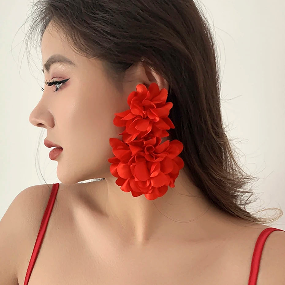 4 Colors Exaggerated Big Fluffy Fabric Flower Petal Drop Earrings for Women