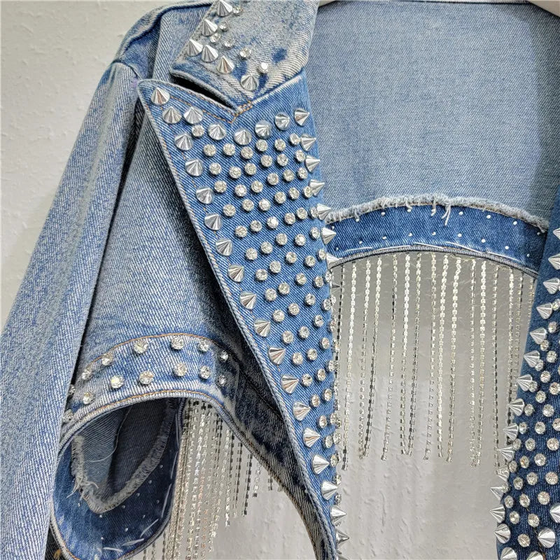 Diamonds Beaded Tassels Rivets Denim Jacket Retro High Waisted Crystal Fringed Backless Jeans Cowboy Coat