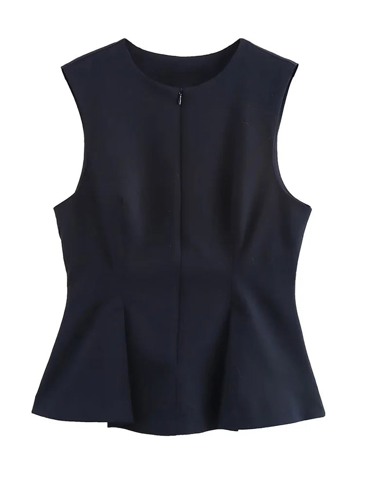 Women Solid Zipper Vintage Causal Sleeveless O Neck Tank Blouse Slim Pleated Vest Blouse High Street Folds Top