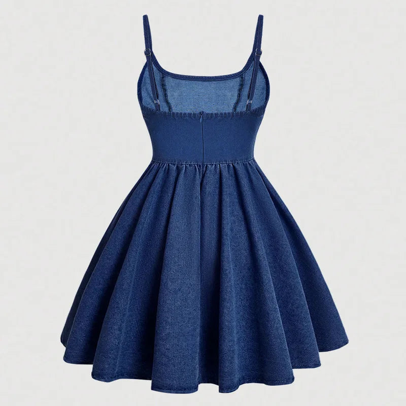 Women Denim Mini Dresses A Line Sling Stretchy Y2k Causal Denim Dress