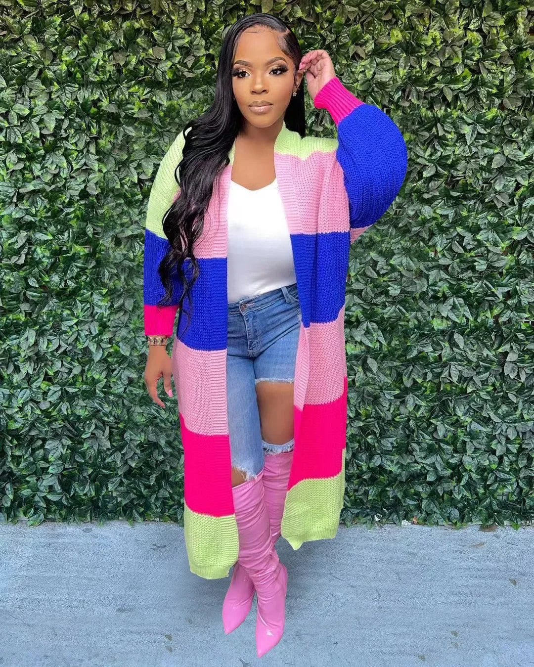 Elegant Women Knit Ribbed Cardigan Patchwork Long Sleeve Open Stitch Thick Sweater