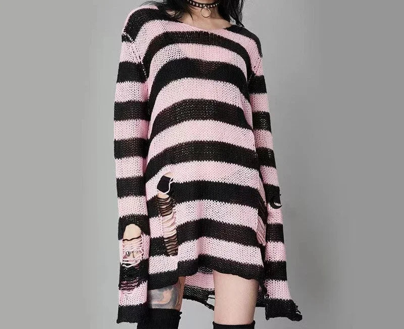 Punk Gothic Long Sweater Women Striped Broken Jumper