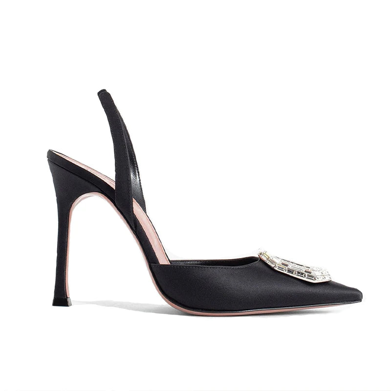 Oval Rhinestone Buckle Toe Sandals Pointed Thin Heel Hollow Banquet High Heels