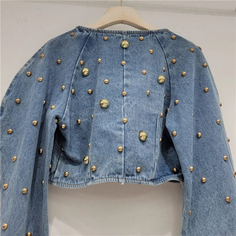 Women Rivets Long Lantern Sleeve Denim Coat Short Pearls Top Bomber Jacket Cowboy Jacket
