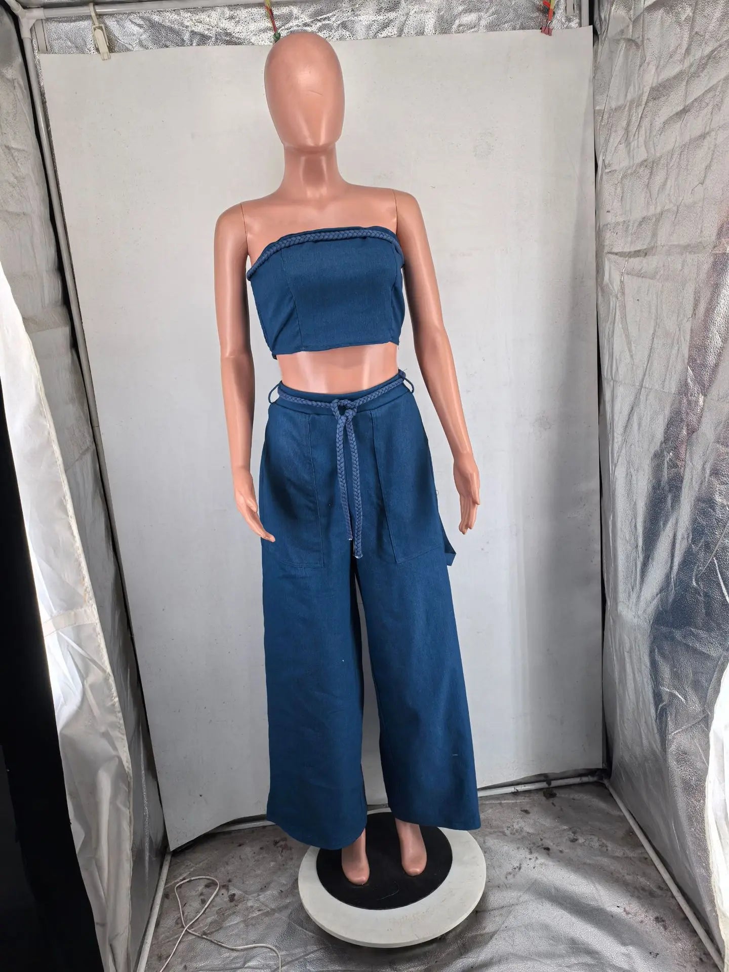 Denim Women's Set Strapless Crop Top and Wide Leg Jeans Pants Two 2 Piece Sets Outfit