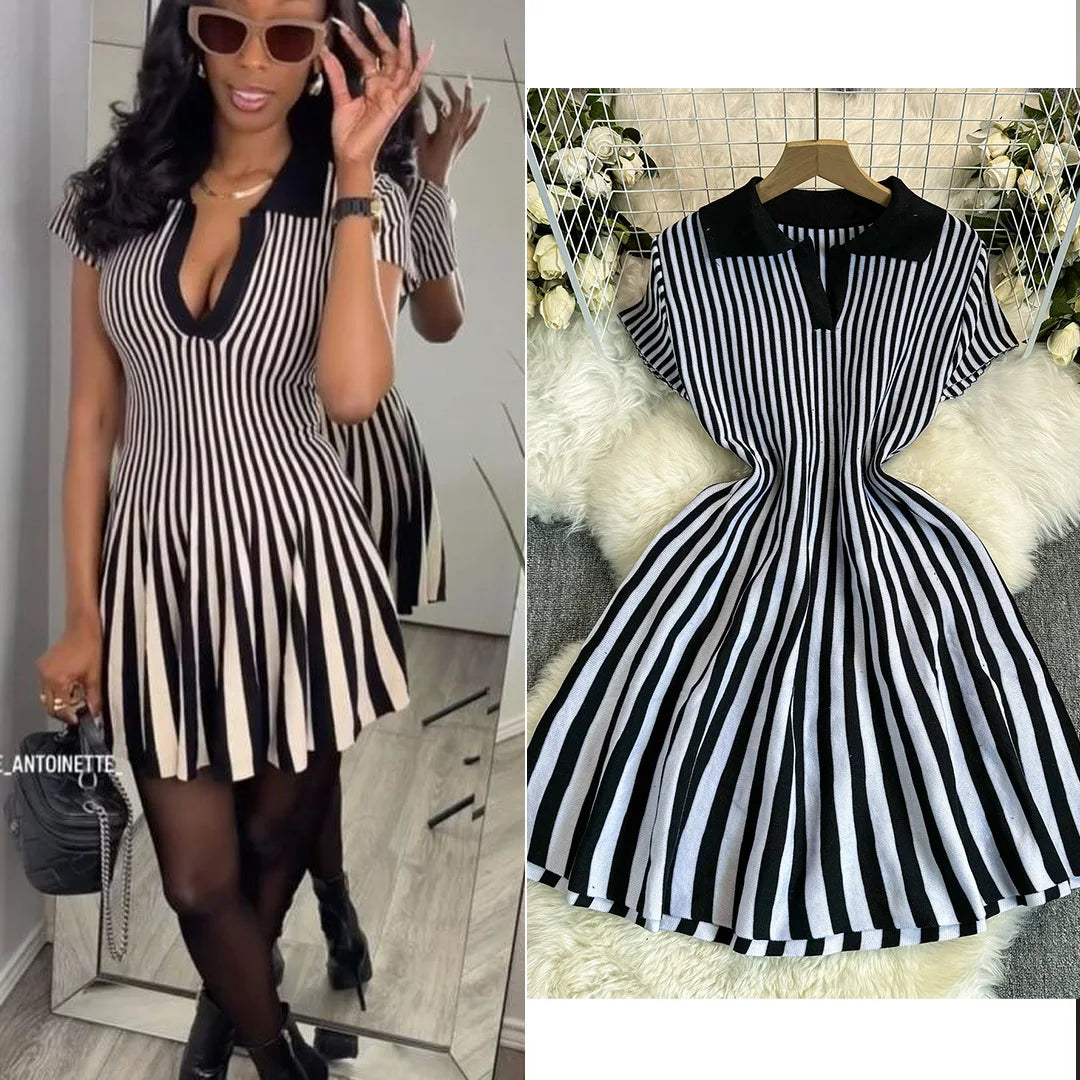 Sweater Striped Dress Knit Dresses Ruffles Party Casual Elegant Knitted Y2k Streetwear
