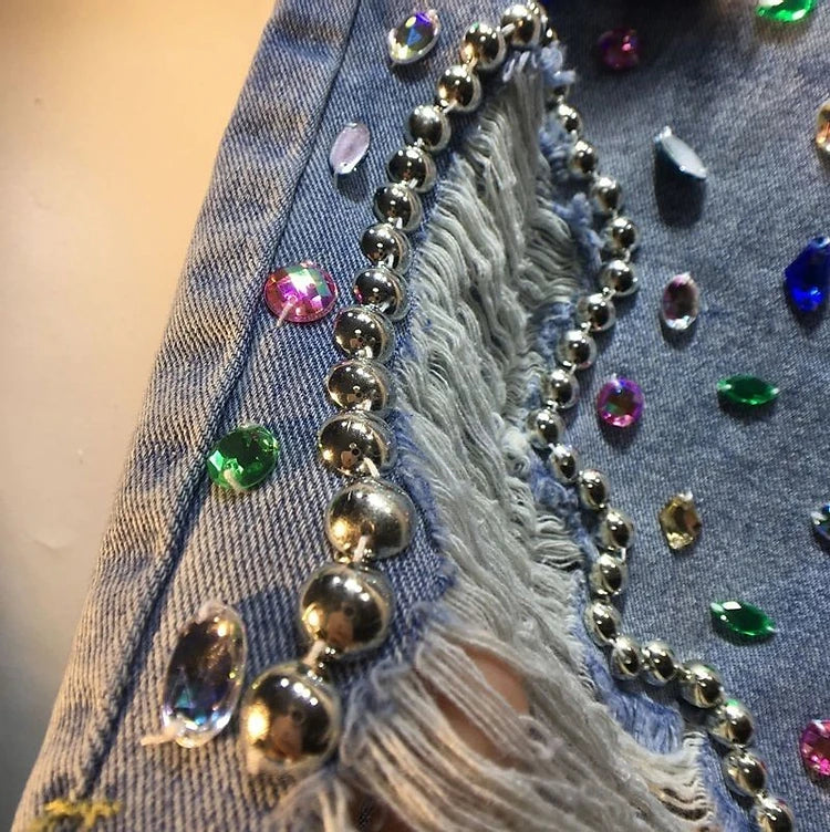 Diamond Beaded Denim Knee Length Shorts Summer Loose High Waist Shorts