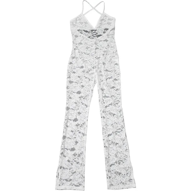 Cross Backless Jumpsuit Women Sexy See Thorough V-Neck Sleeveless Summer Coquette Stretch Overalls Club Birthday Outfit