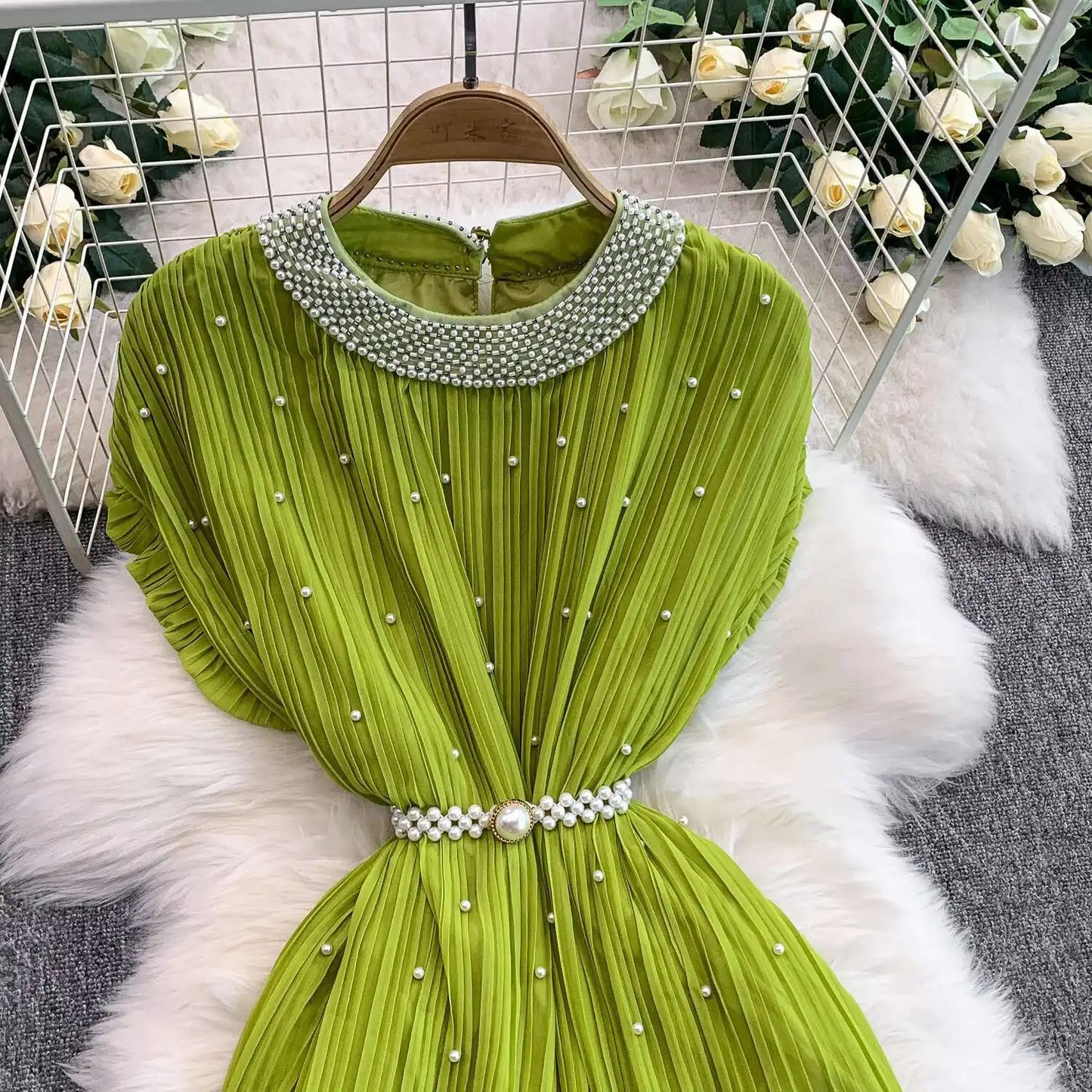 Summer Luxury Pearls Long Chiffon Dress For Women Loose Big Size Short Sleeve Crystal Birthday Evening Midi Pleated Dresses
