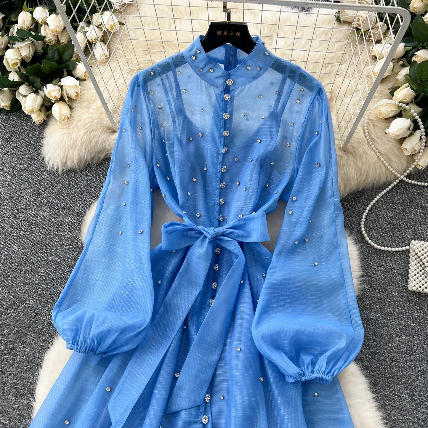 Elegant Lantern Sleeves Vintage Stand Collar Chic Single Breasted Rhinestone Bandage Slim High Street Long Dresses
